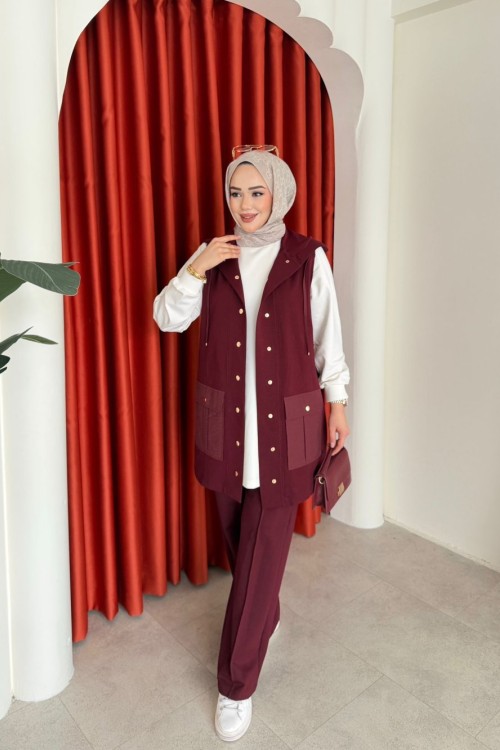 Berfin Üçlü Pantolon Takım Bordo