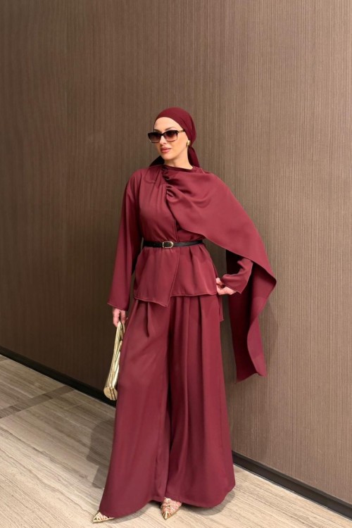 Songül Pantolonlu Takım Bordo