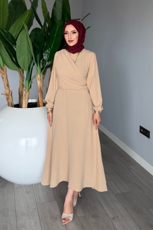 Açık Vizon Helin Elbise Sabit Uzun Kuşaklı Ayrobin Kumaş Tesettür Giyim