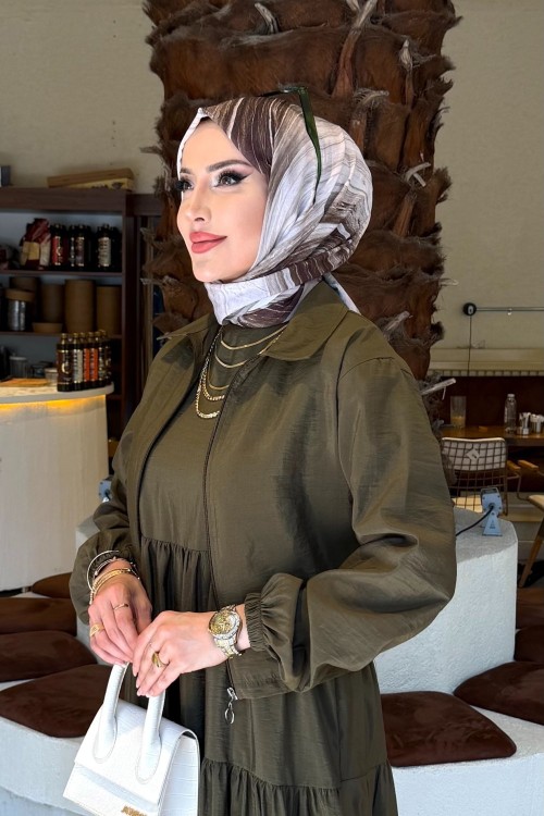 Aybeniz Haki Jile Elbise Takım Modal Kumaş Tesettür Giyim İki Parça