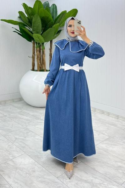 Beyaz Premium Fiyınklu Kot Elbise Tesettür Giyim