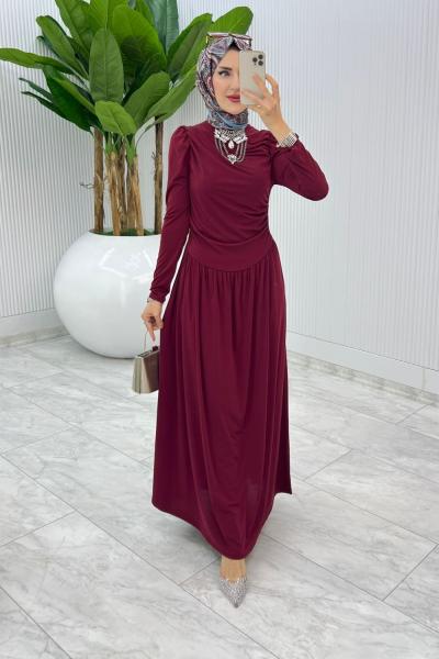 Bordo Büzgü Sendi Elbise Tesettür Giyim