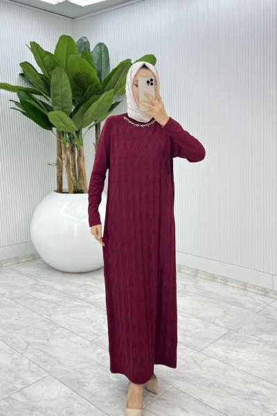Bordo  İzel Triko Elbise Tesettür Giyim