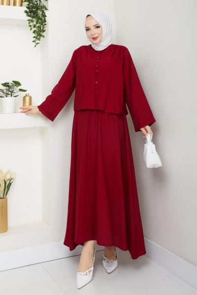 Bordo Modadüğme Elbise Takım Tesettür Giyim