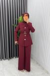 Bordo Zerya Ceket Takım Premium Seri Kemerli Tesettür Giyim Double Krep Plazzo Uzun Pantolon