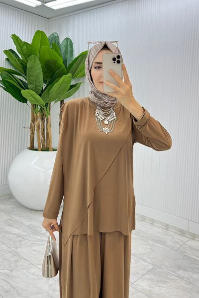 Camel Asimetrik Takım Tesettür Giyim