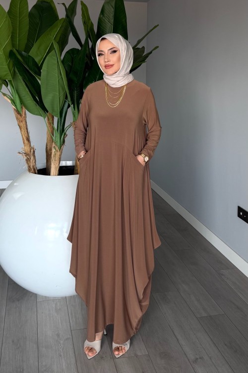 Camel Eslem Elbise Soğuk Sendi Kumaş Cepli Tam Boy Tesettür Giyim