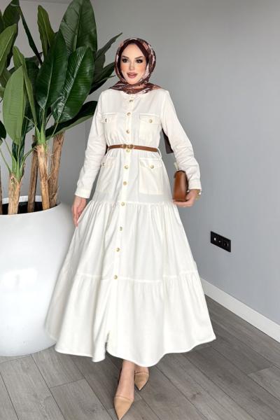 Ekru Premium Kemerli Melisa Kot Elbise Tesettür Giyim