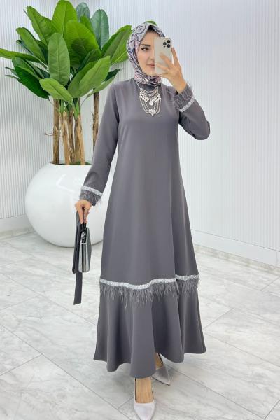Gri Mosso Abiye Elbise Tesettür Giyim