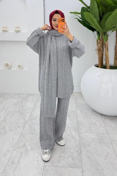 Gri Premıum Atkılı Triko Takım Tesettür Giyim