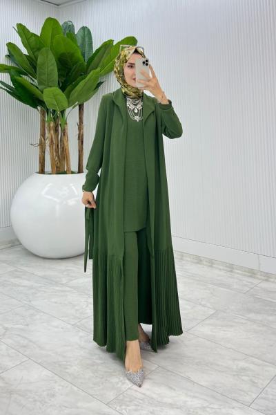 Haki Premium Üçlü Derin Takım Tesettür Giyim