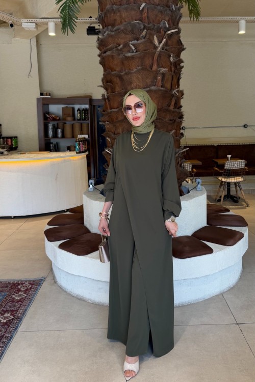 Haki Sude Medine İpeği Krep Kumaş Pantolonlu Tesettür Giyim