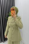 Haki Zerya Ceket Takım Premium Seri Kemerli Tesettür Giyim Double Krep Plazzo Uzun Pantolon