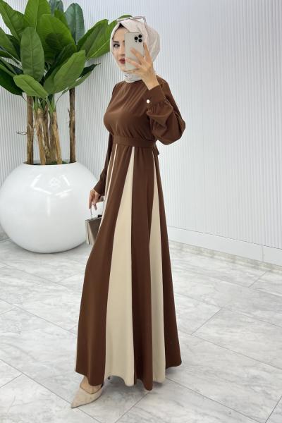 Kahve Parçalı Elbise Tesettür Giyim