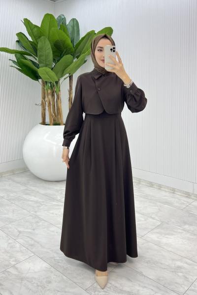 Kahve Sevgi Yelekli Elbise Takım Tesettür Giyim