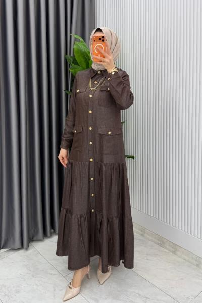 Kahverengi Kemerli Eslem Kot Elbise Tesettür Giyim