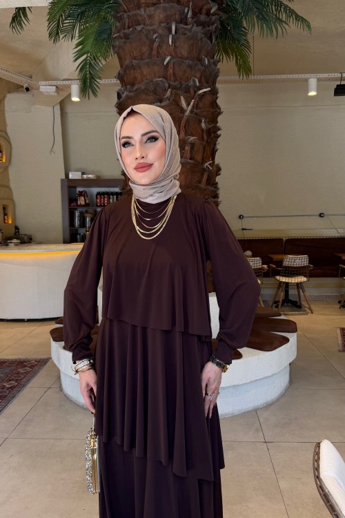 Kahverengi Hürrem Sendi Kumaş Tam Boy Tesettür Elbise