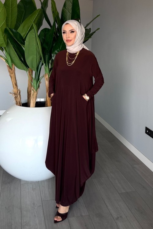 Kahverengi Eslem Elbise Soğuk Sendi Kumaş Cepli Tam Boy Tesettür Giyim