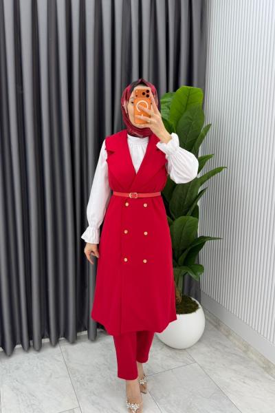 Kırmızı Tuğba Kemerli Yelek Takım Tesettür Giyim
