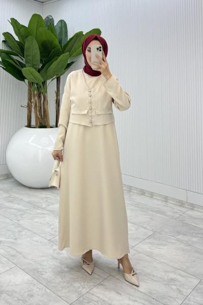 Krem  Hasibe Elbise Takım Tesettür Giyim