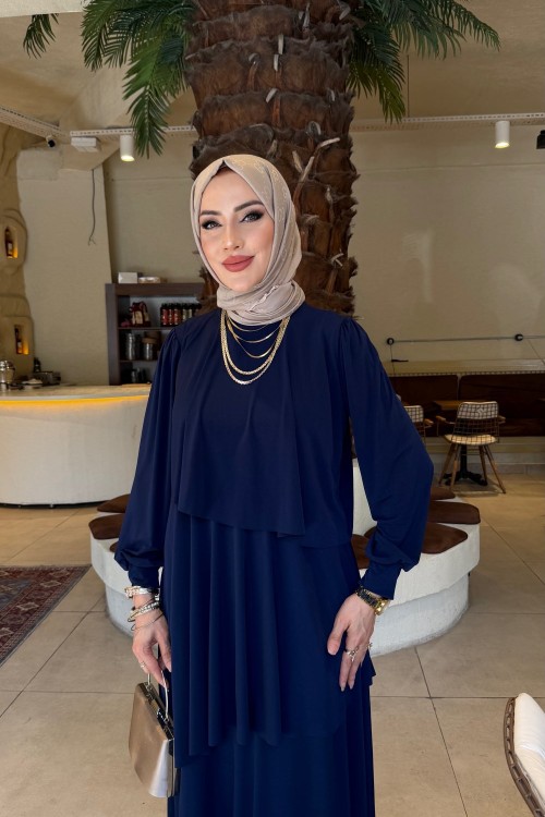 Lacivert Hürrem Sendi Kumaş Tam Boy Tesettür Elbise