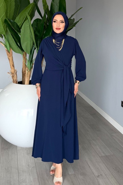 Lacivert Helin Elbise Sabit Uzun Kuşaklı Ayrobin Kumaş Tesettür Giyim