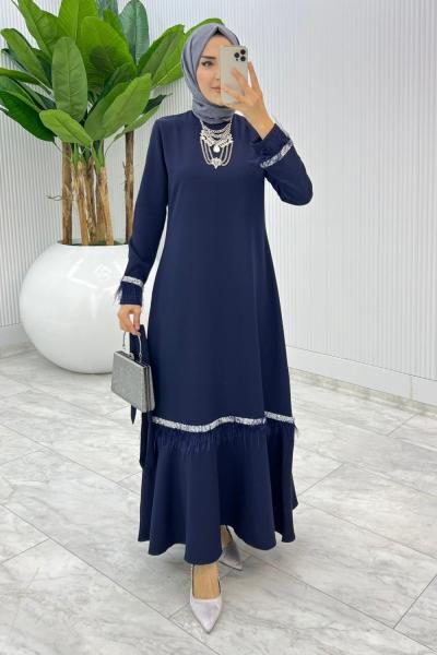 Lacivert Mosso Abiye Elbise Tesettür Giyim