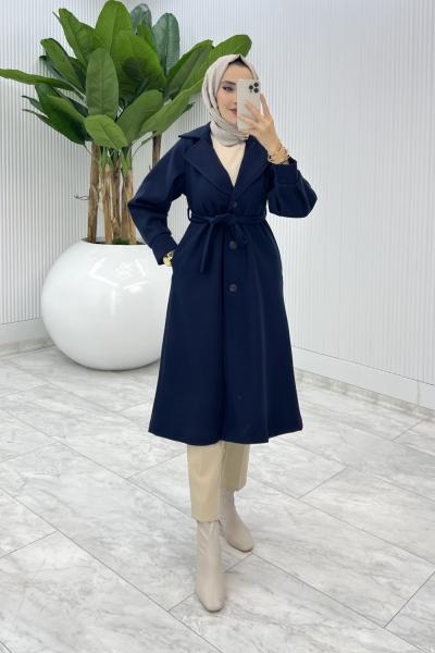 Lacivert Premıum Defne Kaşe Kaban Tesettür Giyim