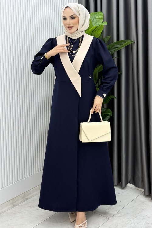 Lacivert Yeşim Uzun Ceket Kap Ferace Tesettür Giyim