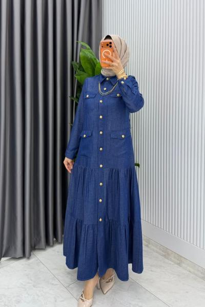 Mavi Kemerli Eslem Kot Elbise Tesettür Giyim