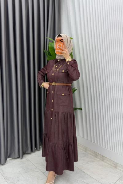 Mürdüm Kemerli Eslem Kot Elbise Tesettür Giyim