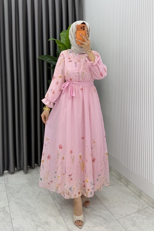 Pembe Gena Desenli Astarlı Çiçek Baskılı Tesettür Elbise