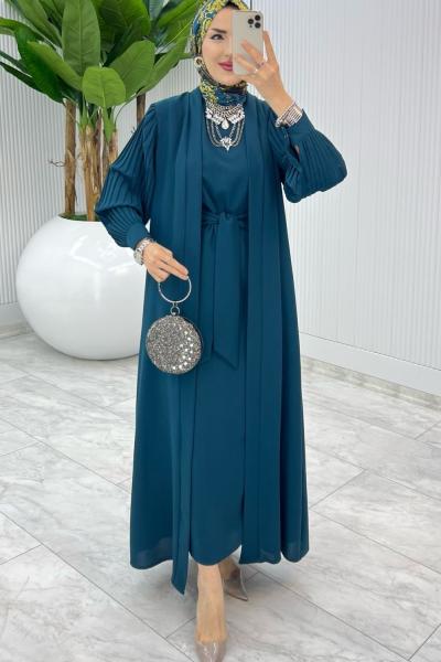 Petrol Premıum Melek  Abaya Takım Tesettür Giyim