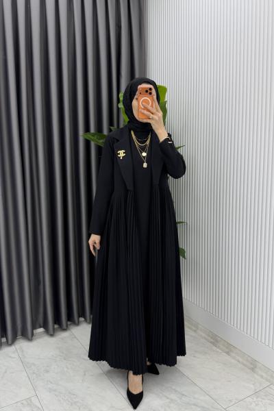 Siyah Broşlu Premıum Sibel Tasarım Takım Tesettür Giyim