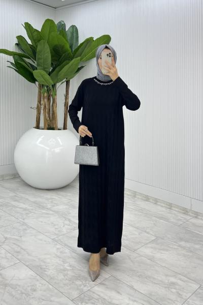 Siyah İzel Triko Elbise Tesettür Giyim