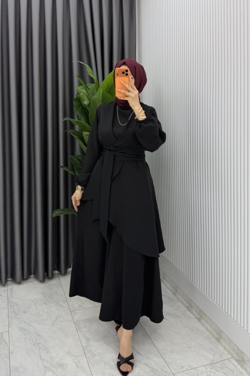 Siyah Manolya Bol Pantolonlu Tesettür Takım Kemerli Double Krep Kumaş