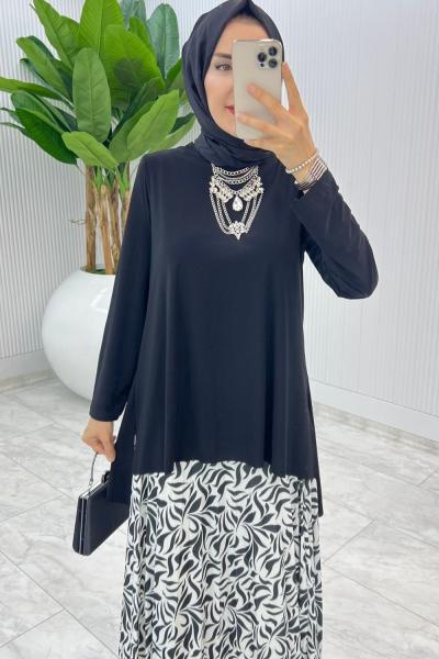 Siyah Su Damlası Etek Takım Tesettür giyim