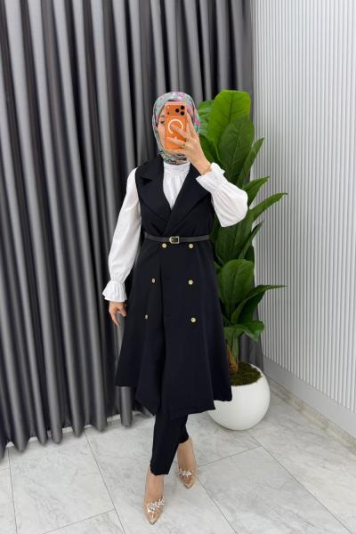 Siyah Tuğba Kemerli Yelek Takım Tesettür Giyim