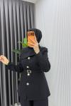Siyah Zerya Ceket Takım Premium Seri Kemerli Tesettür Giyim Double Krep Plazzo Uzun Pantolon