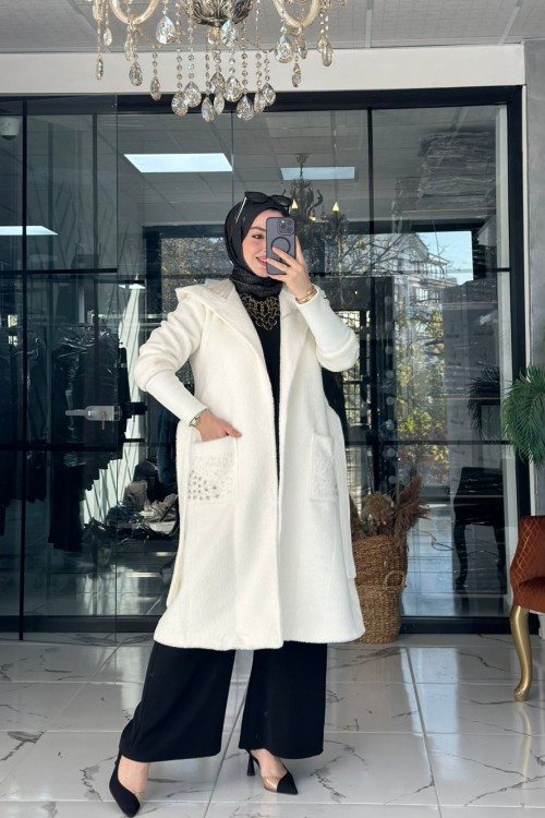 Angora Taşlı Kaban Ekru