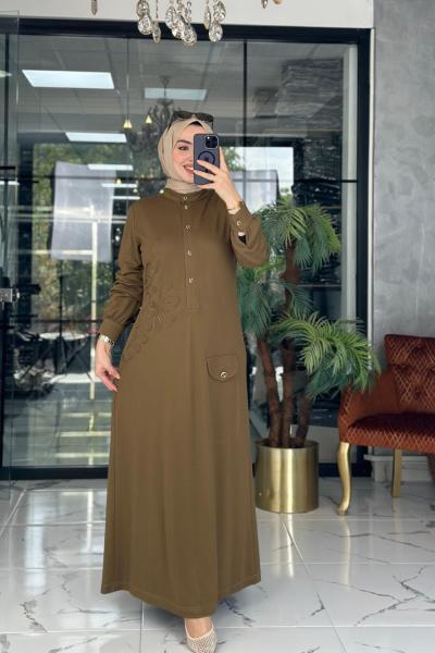 Lase Desenli Elbise Haki