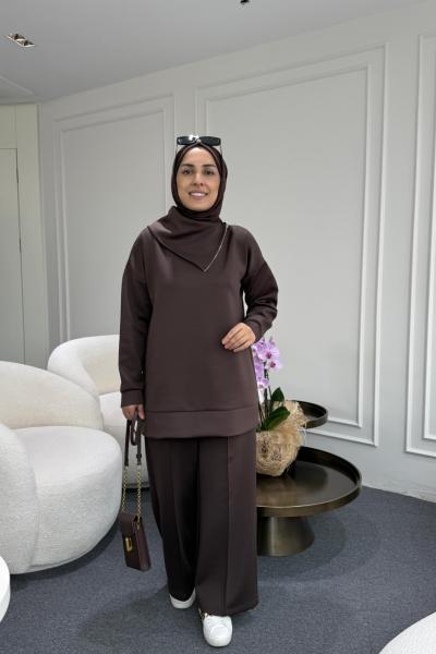 Asimetrik Yaka Scuba Takım Kahverengi