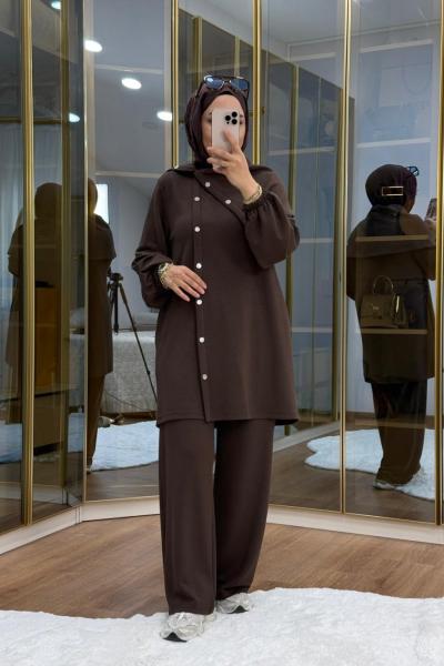 Asimetrik Metal Düğme Detaylı Takım Kahverengi