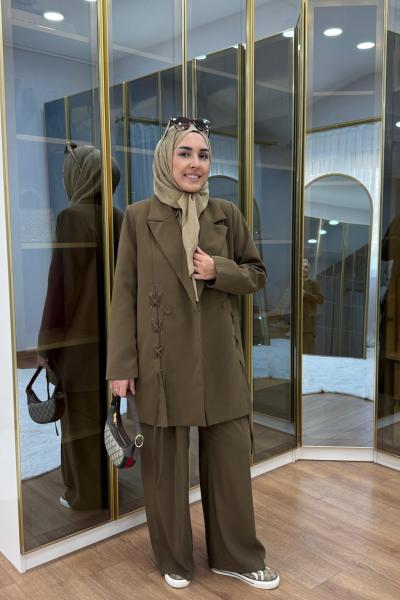 Bağcık Detaylı Ceket Takım Haki