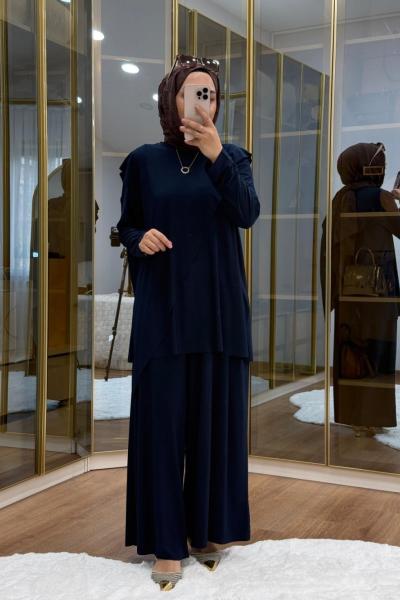 Çapraz Şal Detaylı Tilda Kumaş Takım Lacivert