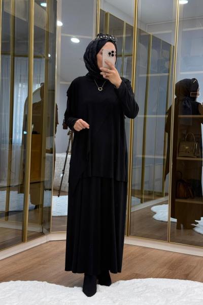 Çapraz Şal Detaylı Tilda Kumaş Takım Siyah