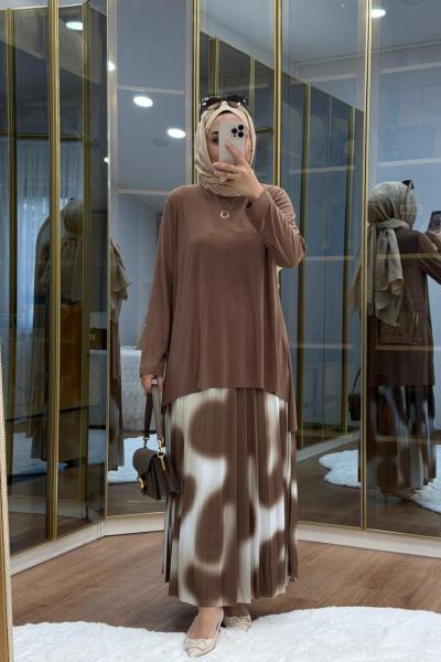 Desenli Tilda Etekli Takım Vizon