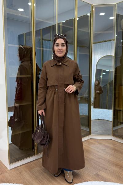 Fermuar Detaylı Maksi Boy Trençkot Kahverengi