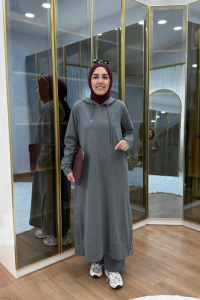 Kapüşonlu yırtmaçlı takım Antrasit