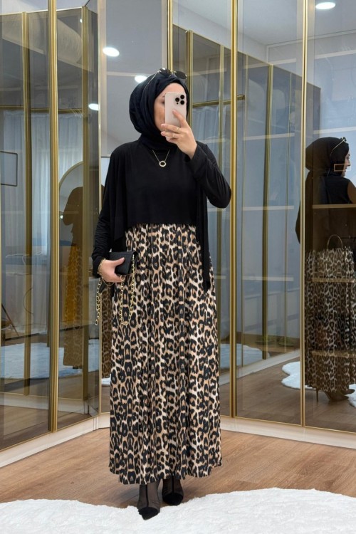 Leopar Desen Tilda Elbise Siyah